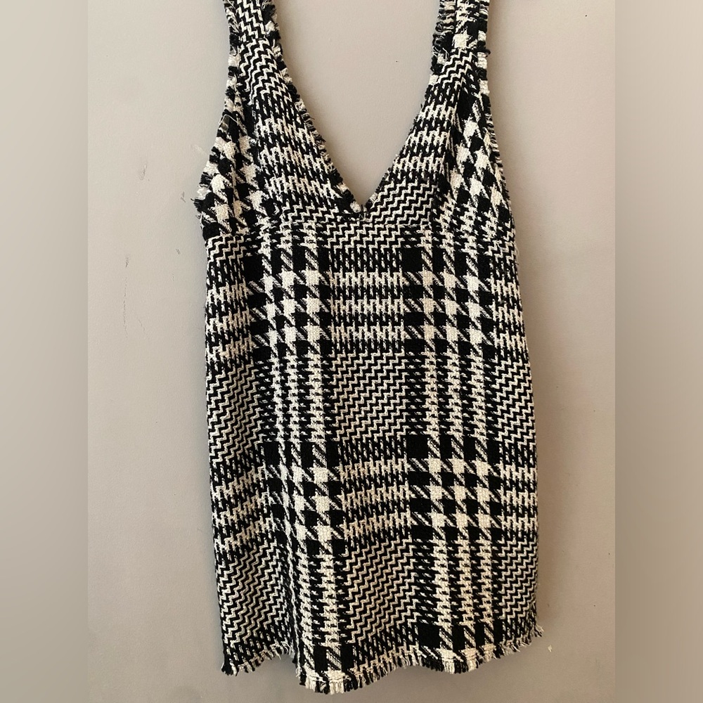 ZARA Black & White Tweed V-Neck Rhinestone Mini Dress